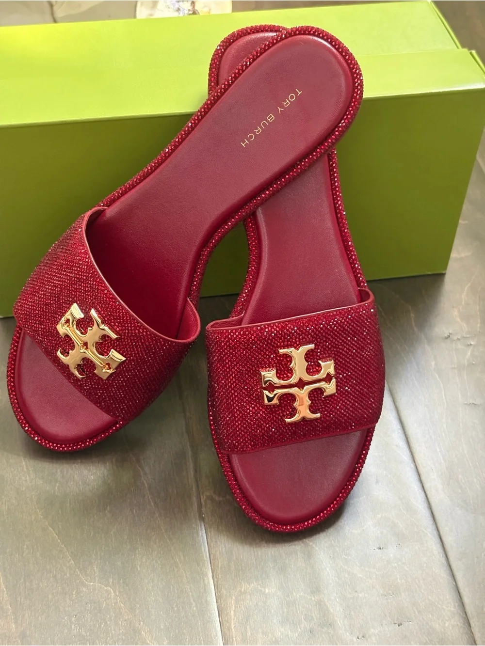 Tory Burch Everly  Red Crystal Logo Slide Sandals